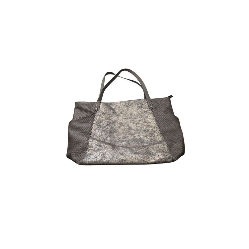 Stella & Dot Gray Leather Zip Top Bag Silver Hardware Inside Zip Pockets